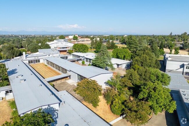 Large trees provide shade at Shasta Plus High School.