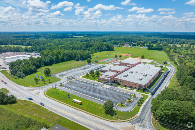 High altitude aerial view of the entire school campus