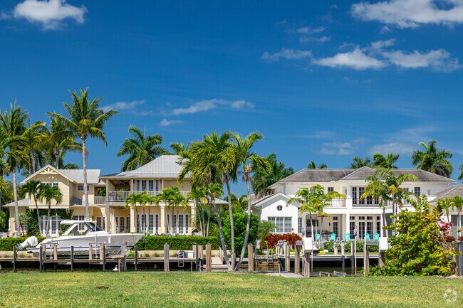 Aqualane Shores features homes along waterways with private docks.