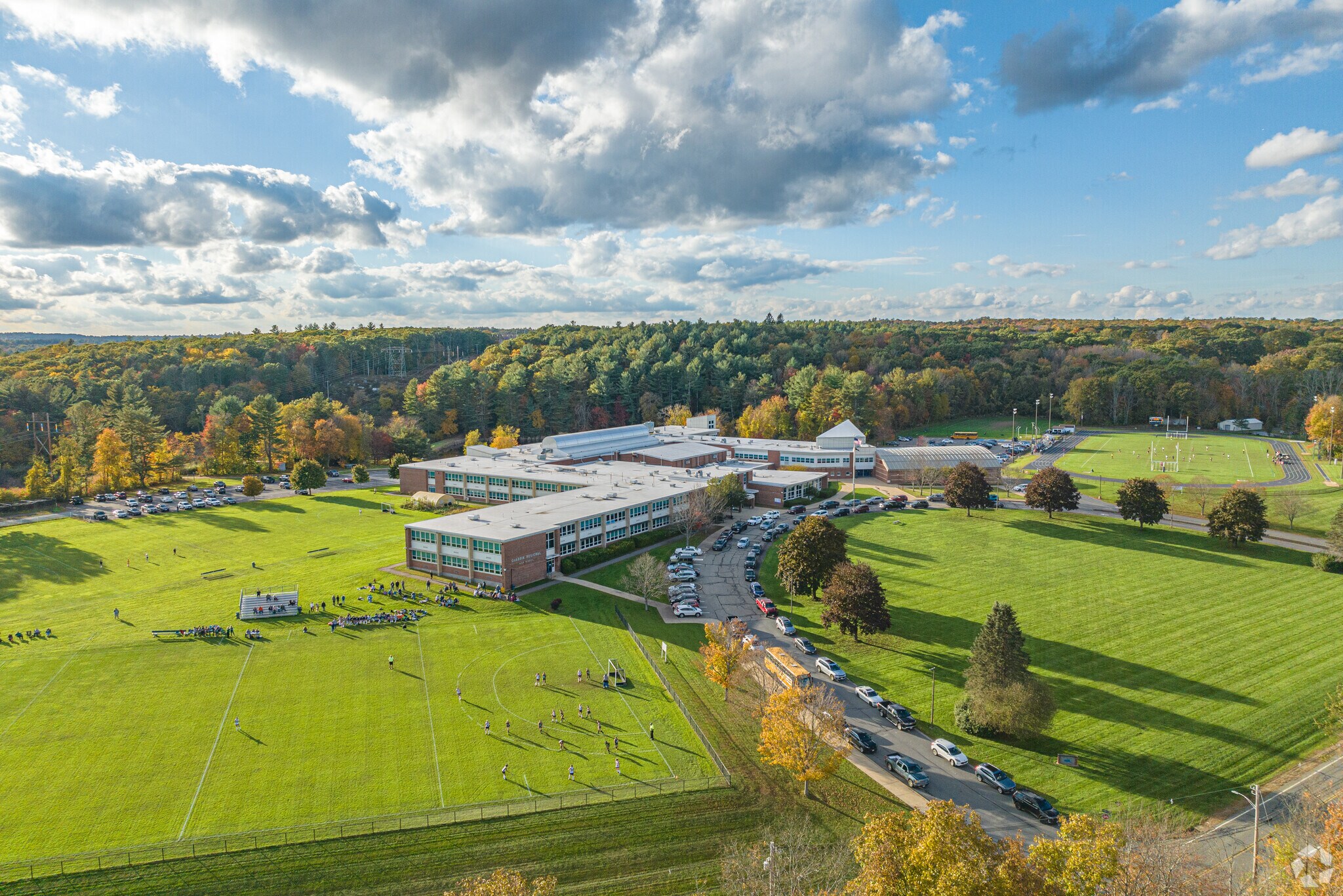New Braintree students at Quabbin Regional Middle School practice soccer on the large field.