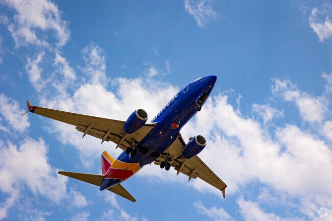 A commercial airline landing at Austin International Airport.