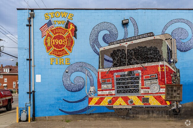 The Stowe Township Fire Department mural welcomes visitors into the community.