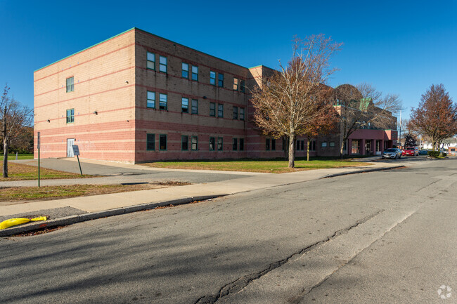 An alternate view of Delsesto Middle School's main entrance is located in Providence.