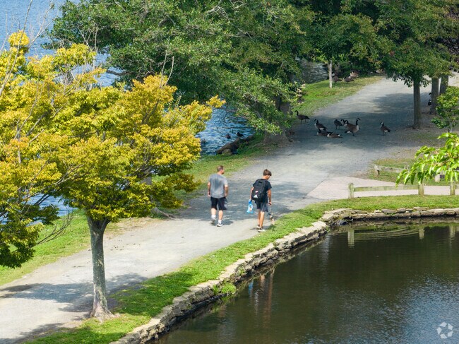 Family walking the park looking for fish in Babylons Argyle Park.