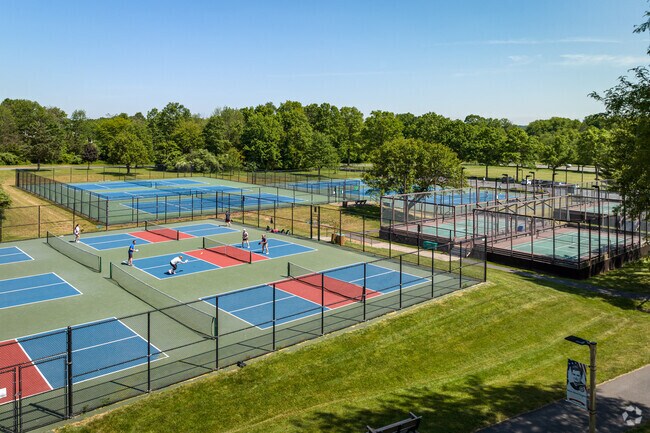 An elevated view of the racquet courts at Pleasant Valley Park in Bernards