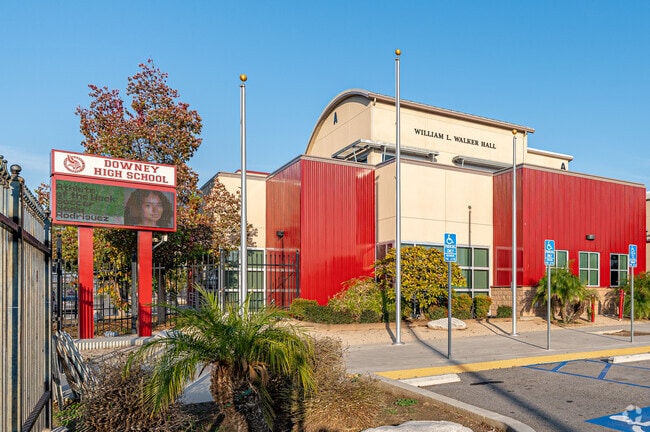 The front entrance to Downey High School in Downey