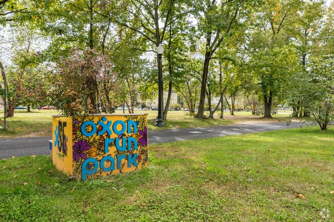 There are many colorful art displays in Oxon Run Park.