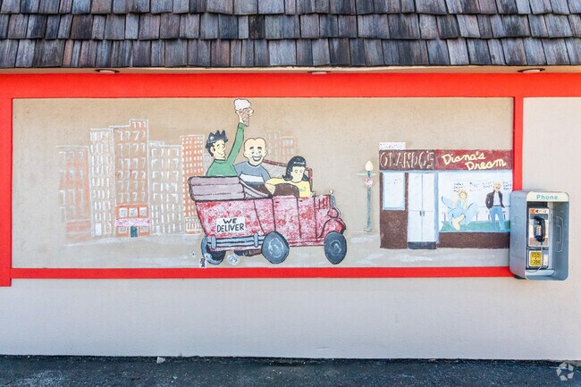 You can find a fun mural on the wall outside of a couple restaurants near Round Lake Heights.