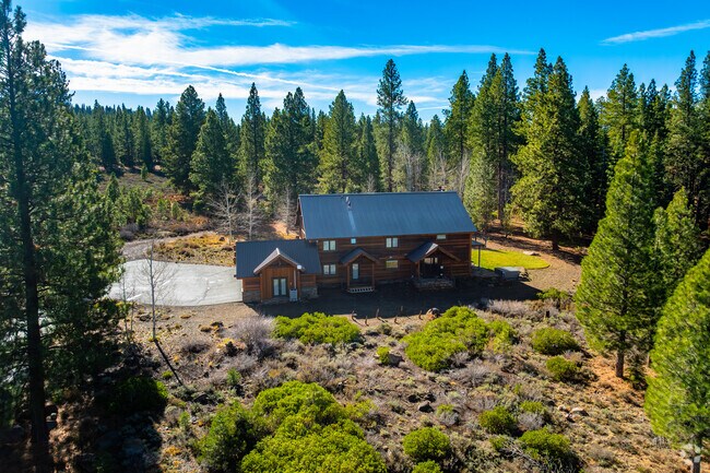 Spacious rustic mountain home rests on a large parcel, offering privacy amid dense evergreen forest.