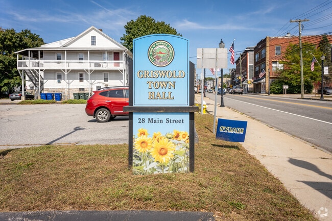 Spot the Griswold Town Hall sign proudly displayed in Downtown Griswold, CT.
