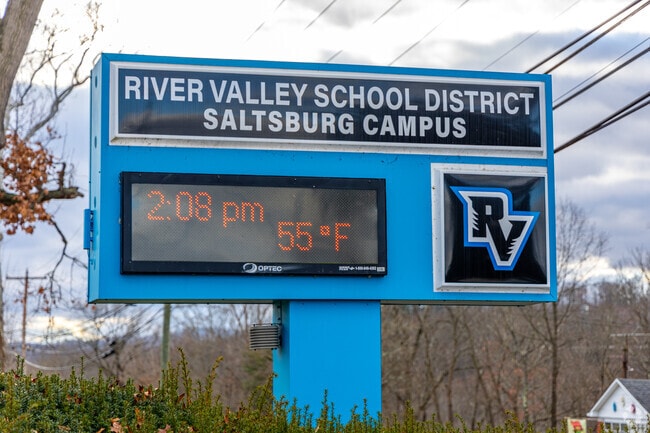 Saltsburg Elementary School welcomes students with a large sign by the main road.