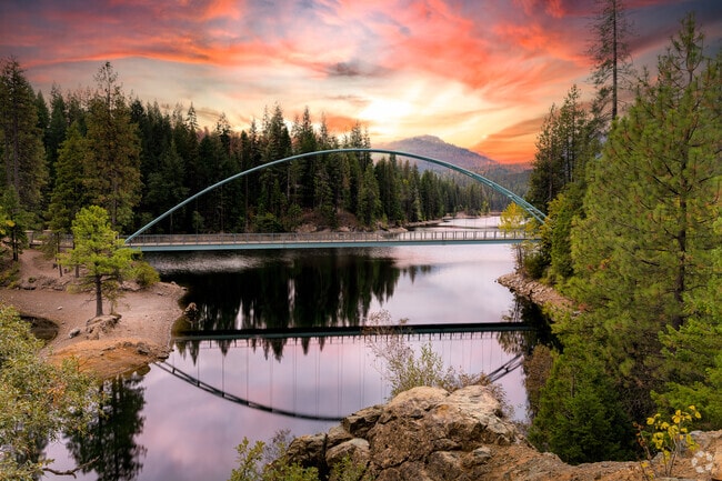 Wagon creek pedestrian bridge connects the trails and offers spectacular views of the surrounding landscape.