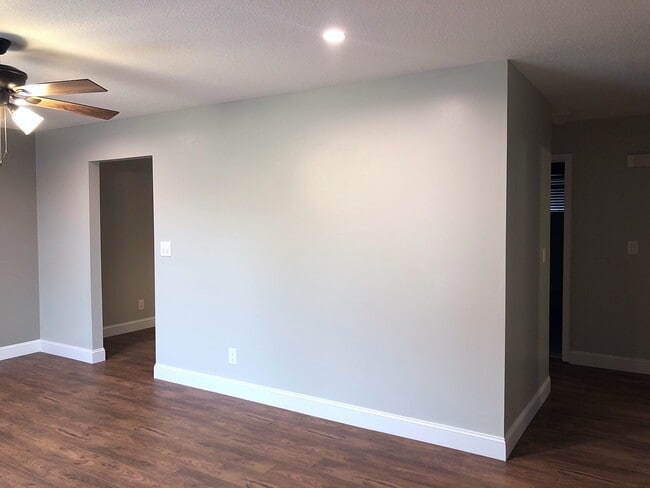Living room wall w/ the entrance to the kitchen and hall.