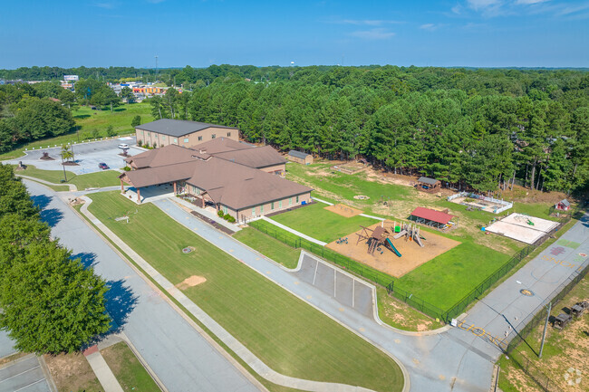 low altitude aerial shot of the front of the school