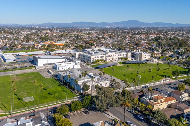 Sweeping views of Ethel Dwyer Middle School surrounding by Downtown Huntington Beach.