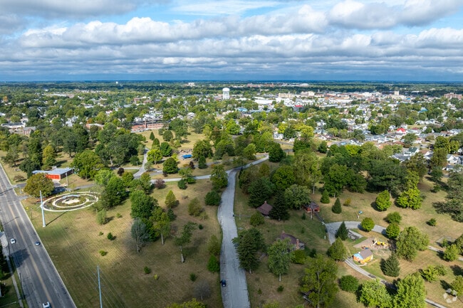 An aerial overview of Heekin Park in the Industry neighborhood of Muncie, IN.