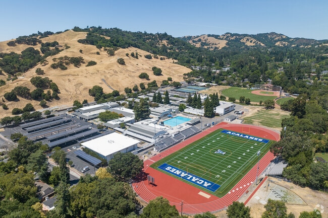 The campus of Acalanes High School in Lafayette is settled in a valley between rolling hills.