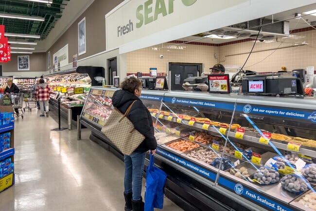 Fresh groceries, meats and fish are always served at Acme.