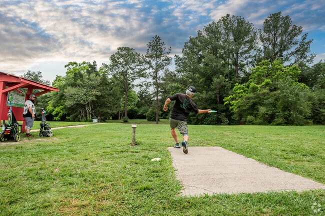 Residents enjoy a round of disc golf at Jack Brooks Park in Hitchcock.