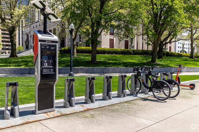 CoGo bicycle racks are posted alongside Marconi street and are available to rent for a small fee