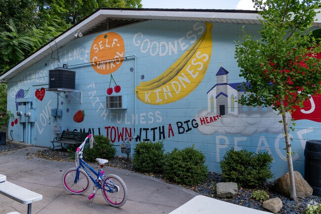 A Mural in filled with positive messages decorates a wall in Rittman, Ohio.
