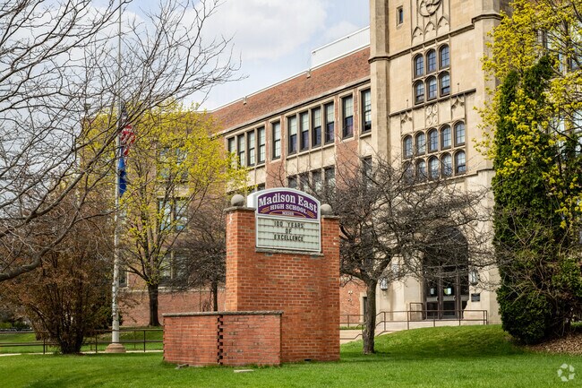 The entrance and signage for Madison East High School in Emerson East.