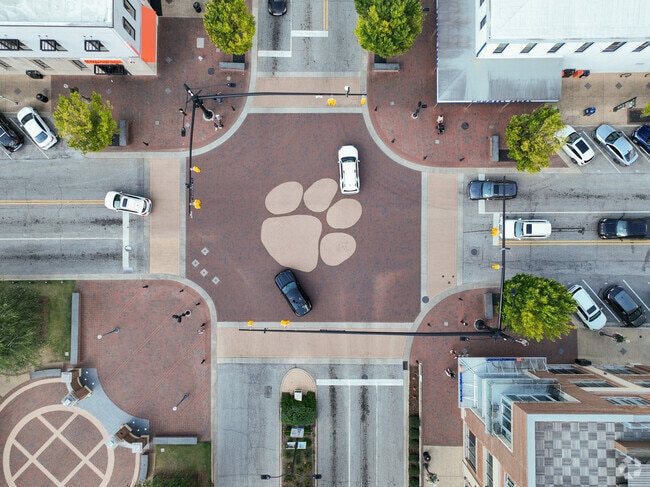 Toomer's Corner, at the center of Downtown Auburn, features the paw of Auburn University Tiger.