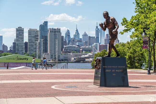 A statue of Jersey Joe Walcott greets visitors to Central Waterfront's plaza.