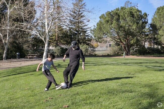 Soccer time Grandfather and grandson at Arbolado Park, Northgate.