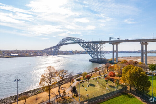 The Bayonne Bridge stretches across the Kill Van Kull and connects the city to Staten Island.