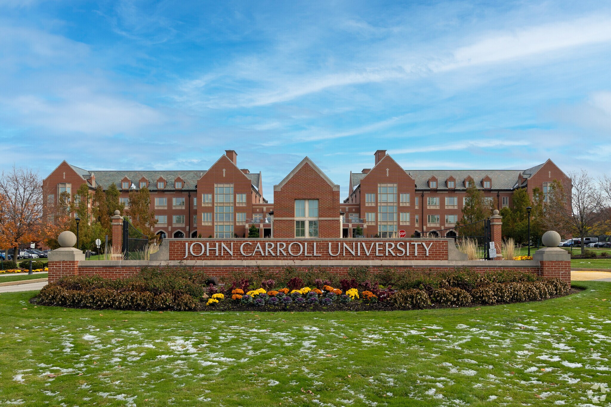 The entrance of John Carroll University featuring its beautiful architecture and landscaping.