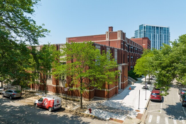 Corner view tree lined streets Lincoln Elementary School, Chicago.