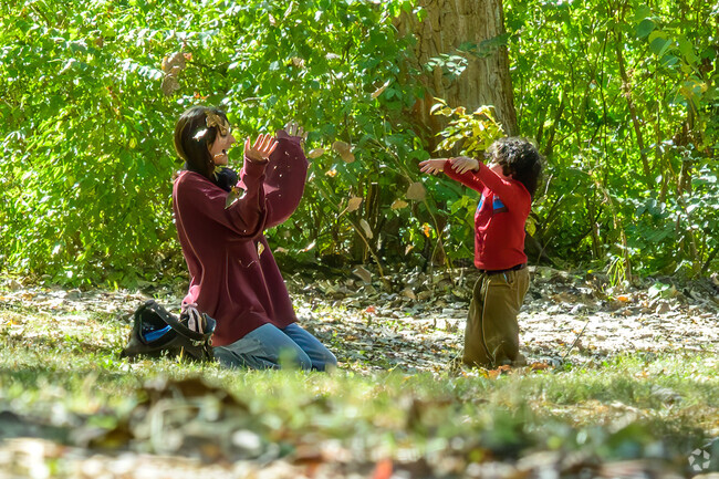 A mother and her son enjoy playing in the leaves of Murdock Park, located next to Perrin.