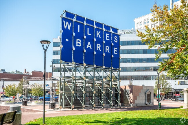 Downtown Wilkes-Barre welcomes visitors to Public Square in the center of the city.