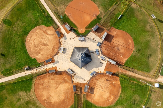 A unique top down view of the baseball fields at the Yorktown Sports Park in Yorktown, IN.