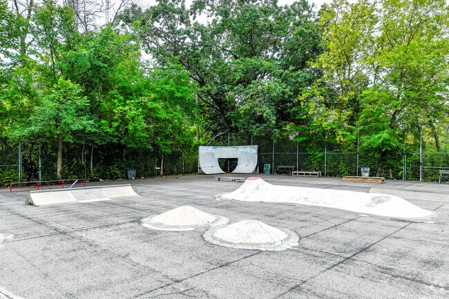 Estabrook Skatepark offers concrete features steps away from the Milwaukee River.