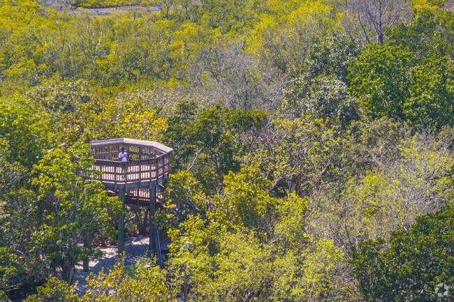 Visitors take in the sights from the observation tower at Emerson Point.