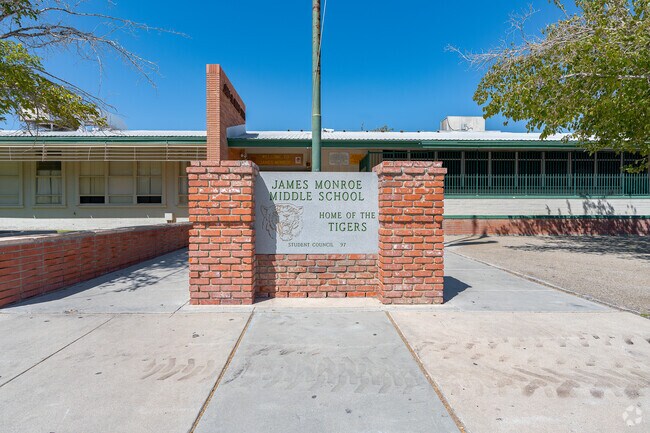 The sing in front of James Monroe Middle School welcomes students and staff as they enter.
