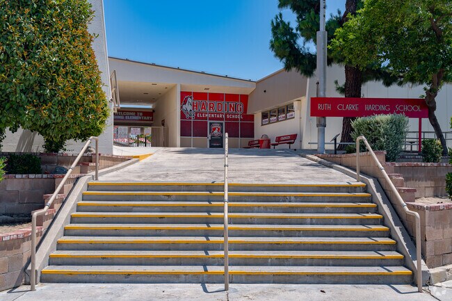 The entrance to Harding Elementary  is up the stairway.