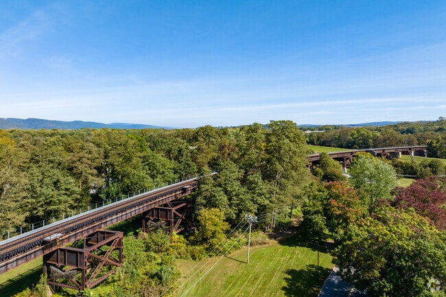 Historic elevated train tracks run through the town of Kingston.