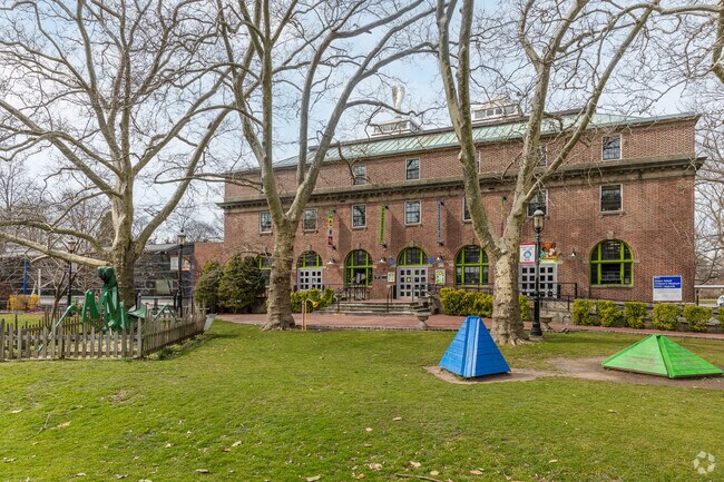 Historical buildings are part of Snug Harbor Cultural Center by West Brighton.