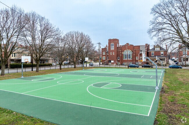 Thompson Park near Dennison Place offers pickleball overlays, basketball courts, pool and more.