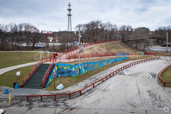 See Downtown Providence from atop Hartford’s Merino Park pedestrian bridge.