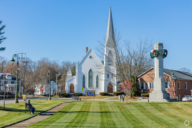 A view of the wide town common and GracePoint Church in Chelmsford.