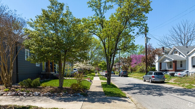 Trees line the sidewalked streets in Meriwether
