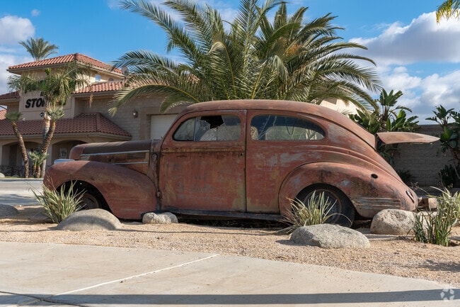 Yard art helps give a vintage feel to this storage facility.