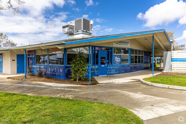 STEM murals and words decorate the Clairemont High School office entrance near Morena.