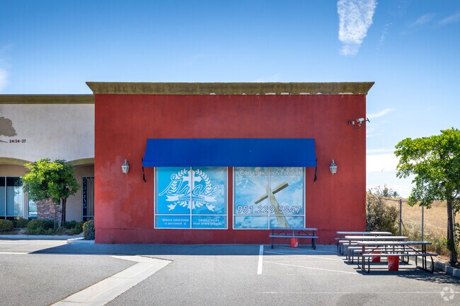 A red and blue building is home to Grace Christian School in Wildomar.