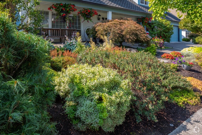 Landscaping provides foreground for evenings on the porches in the Village at Fisher's Landing.