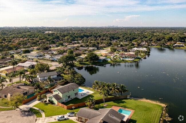 Aerial view of Waterfront Homes overlooking the Ft Lauderdale Skyline in Coconut Creek, FL.